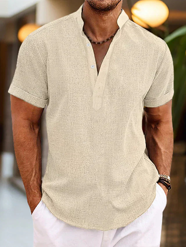 Men's casual summer Henley shirt, featuring short sleeves and a relaxed fit