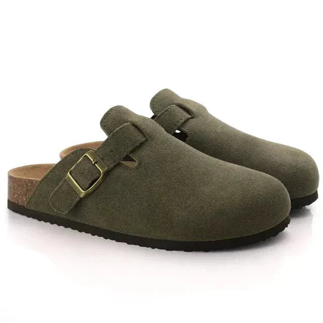 Men's casual slip-on clog mules, adjustable buckle, comfortable versatile mens shoes, open-back footwear.