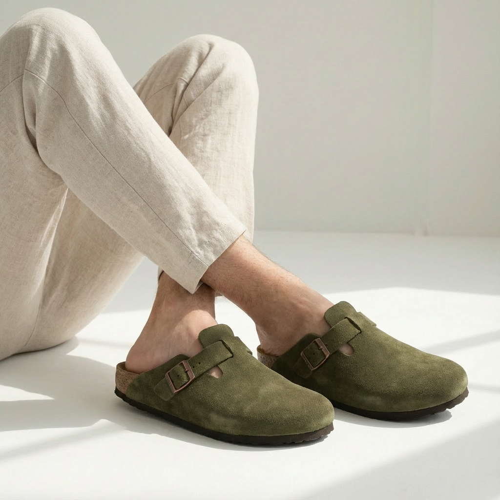 Comfortable men's casual mules, slip-on style with adjustable buckle for versatile indoor/outdoor wear.