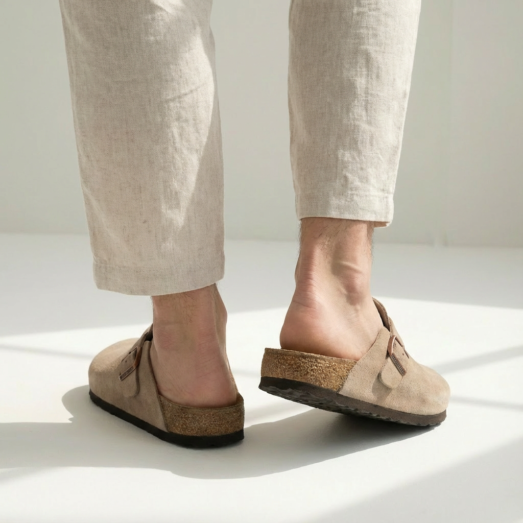 Stylish men's open-back clog mules, adjustable buckle strap, perfect for casual spring/summer outfits.