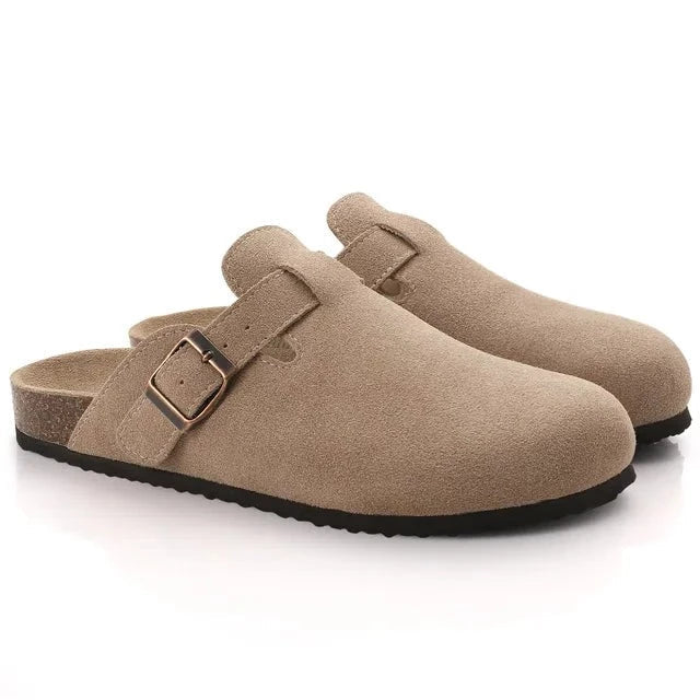 Easy slip-on men's casual clogs, mules with adjustable buckle strap, comfortable for home or outdoors.