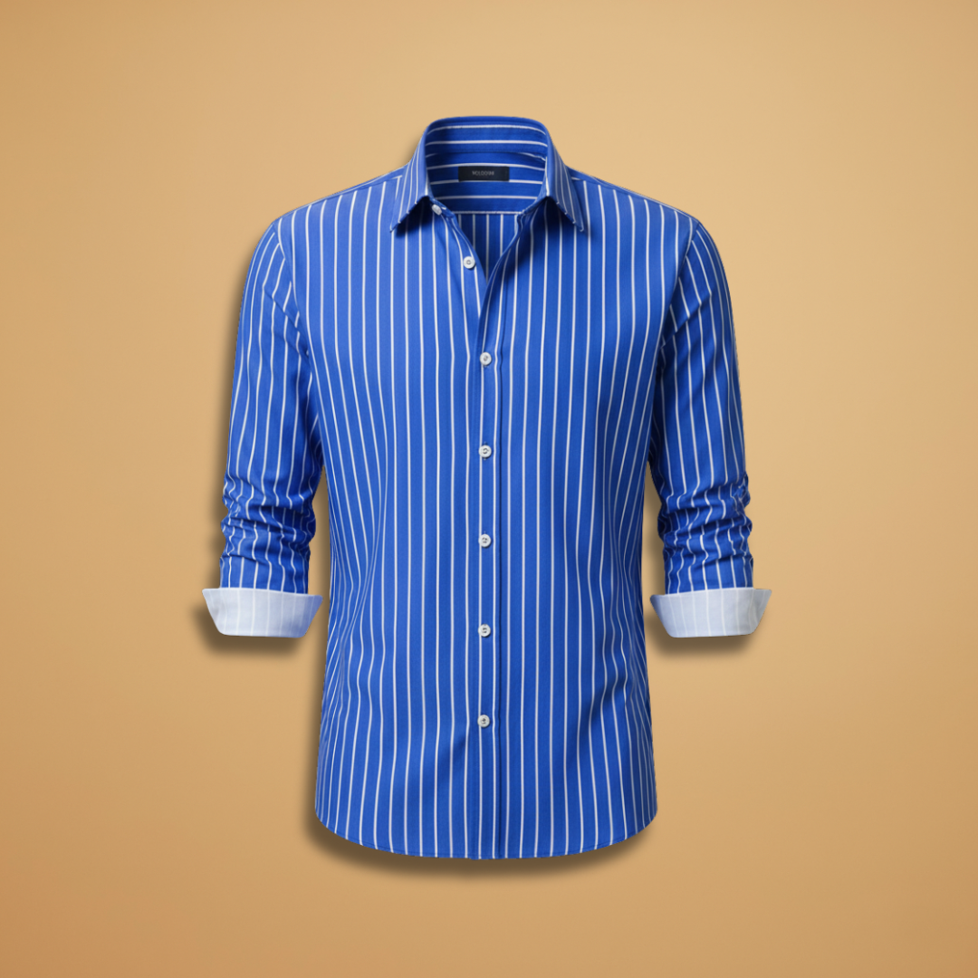 Men's casual striped shirt with a stylish notched collar, long sleeve, ideal for relaxed spring & summer wear.