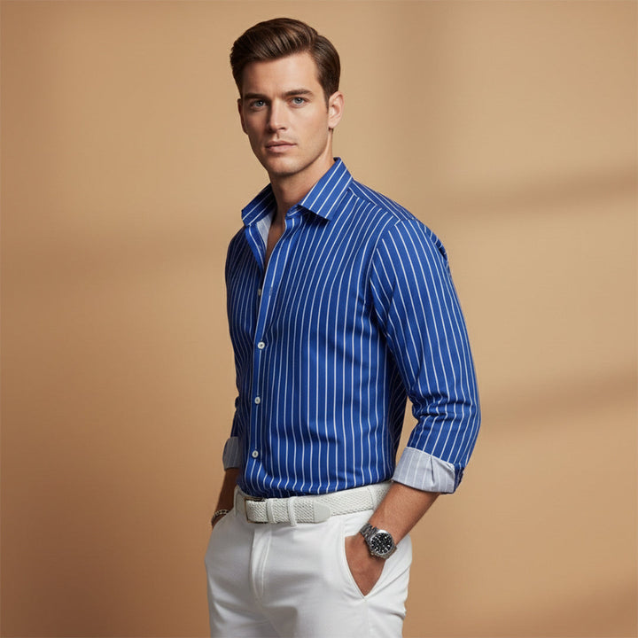 Green men's casual shirt with horizontal stripes and a notched collar, comfortable, relaxed fit for summer.