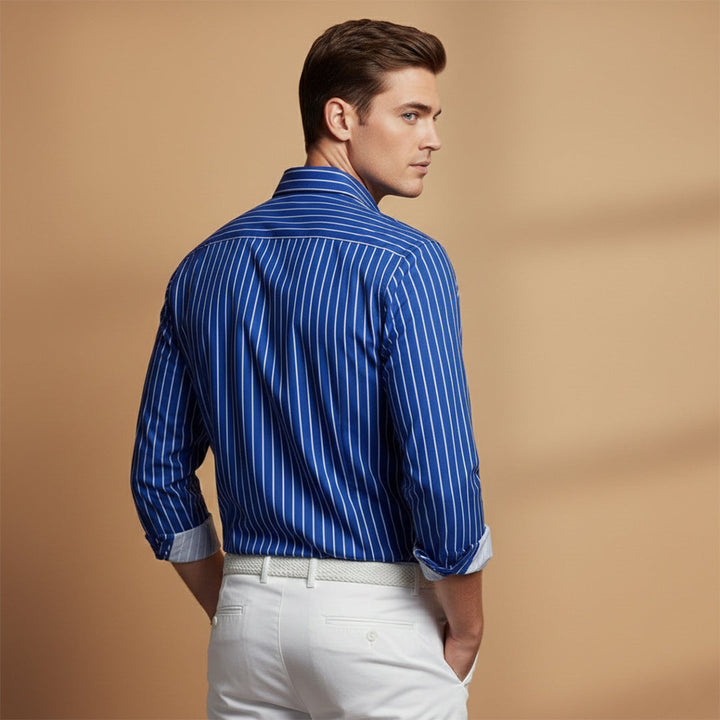 Stylish men's striped shirt, casual long sleeve with a notched collar, comfortable for spring & summer wear.