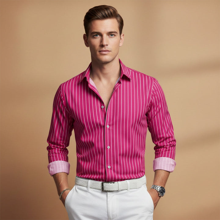 Comfortable men's striped casual shirt, green, with a unique notched collar & relaxed fit for spring style.