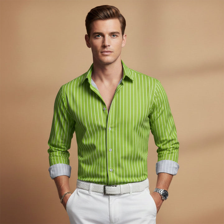 Men's everyday striped shirt, long sleeve, casual fit with a modern notched collar, perfect for summer fashion.