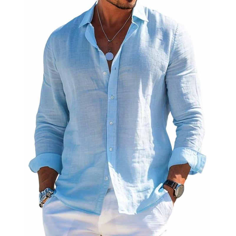 Stylish men's long sleeve button-front casual shirt for summer and warm weather fashion.