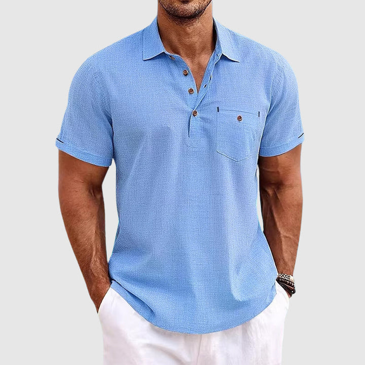 Men's casual summer polo shirt with chest pocket, short sleeves, and classic collar. Perfect warm-weather top.