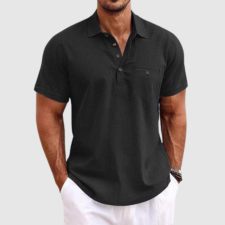 Versatile men's smart casual polo shirt with button placket, chest pocket. Ideal for everyday summer wear.