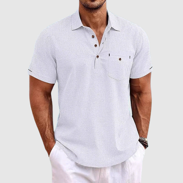 Men's collared polo shirt, short sleeve, featuring a functional chest pocket and button placket for summer fashion.