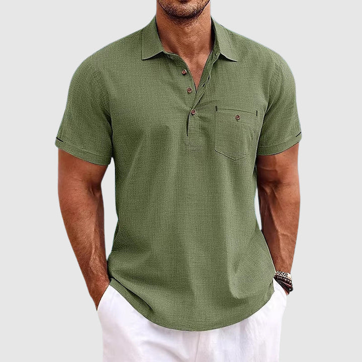 Stylish men's casual polo shirt, short-sleeved, with a chest pocket. A versatile summer top for everyday wear.