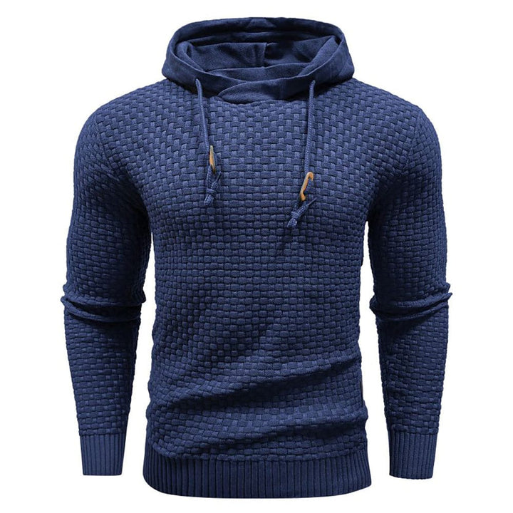 Warm men's textured casual hoodie, pullover style with a cozy drawstring hood.