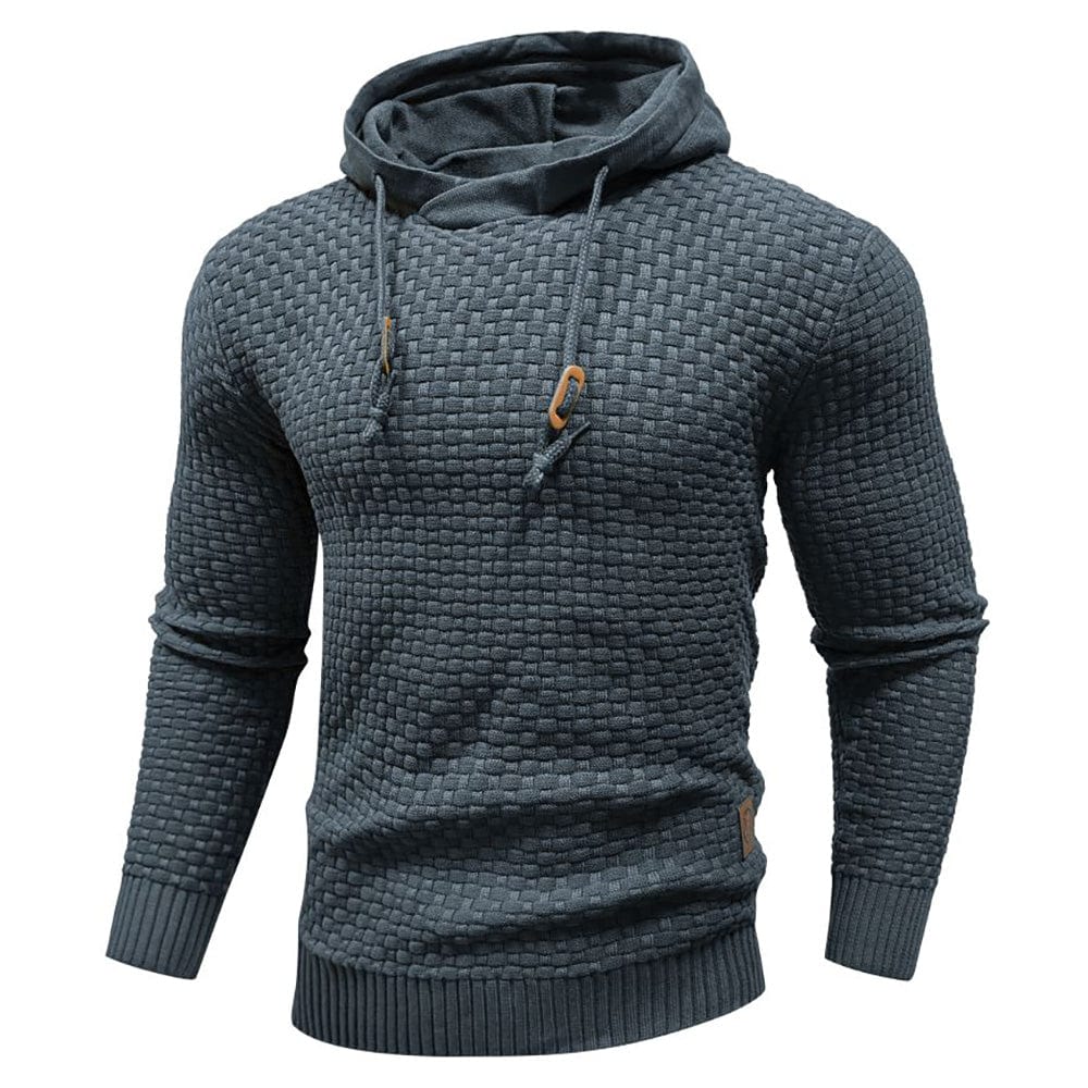 Stylish men's textured pullover, a casual long sleeve hoodie with an adjustable drawstring.