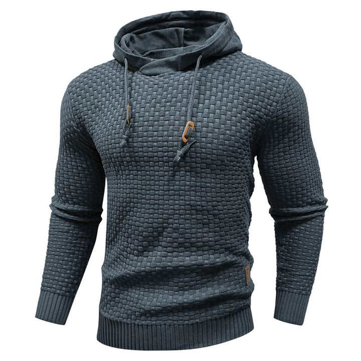 Stylish men's textured pullover, a casual long sleeve hoodie with an adjustable drawstring.