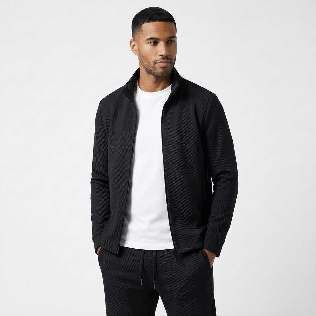 Men's casual tracksuit set with a zip jacket and matching joggers for comfortable athletic wear.
