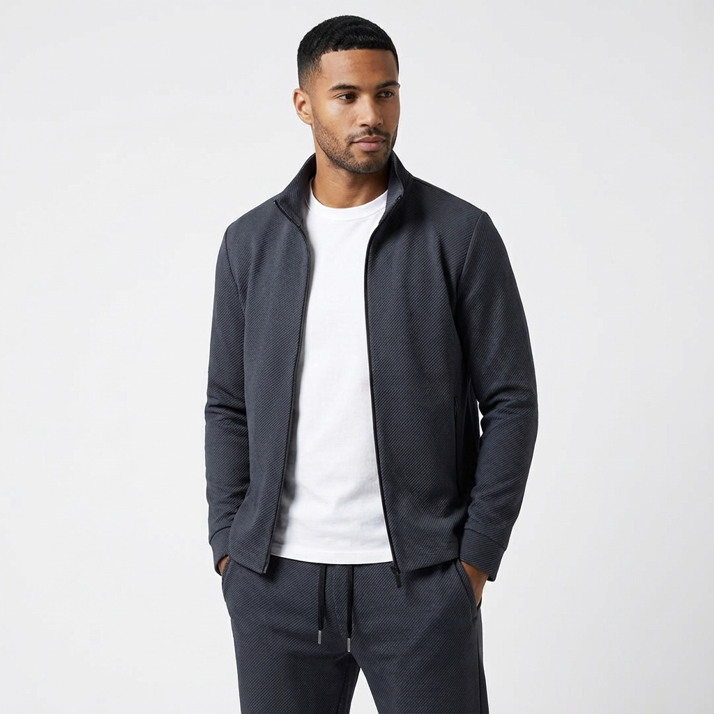 Sporty men's two-piece tracksuit featuring a full-zip jacket and comfortable jogger pants, ideal for casual wear.