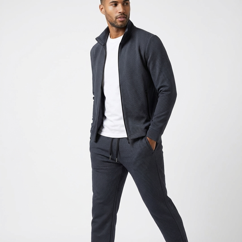 Stylish men's casual tracksuit: a comfortable zip-up jacket & joggers for everyday fashion & activewear.