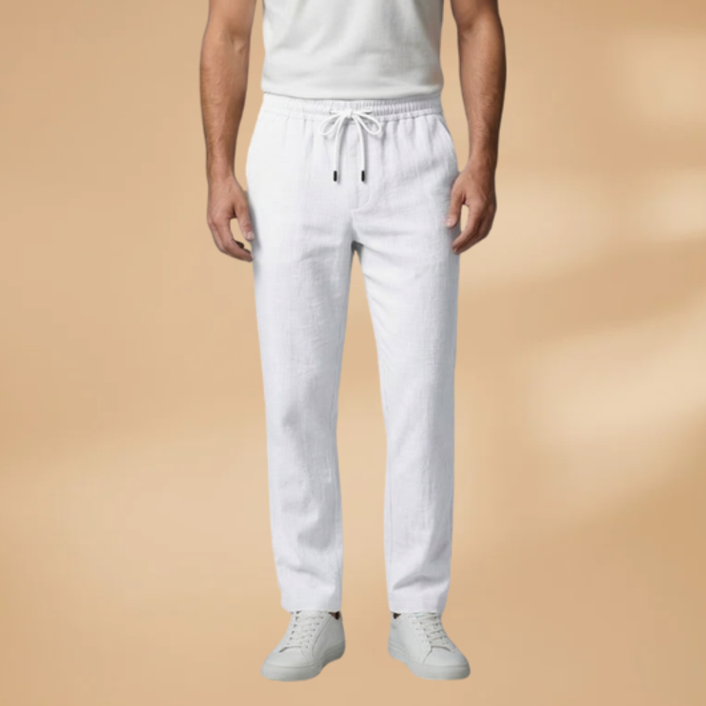 Side view of men's breathable casual pants, relaxed fit, showing comfortable drape & adjustable waist.