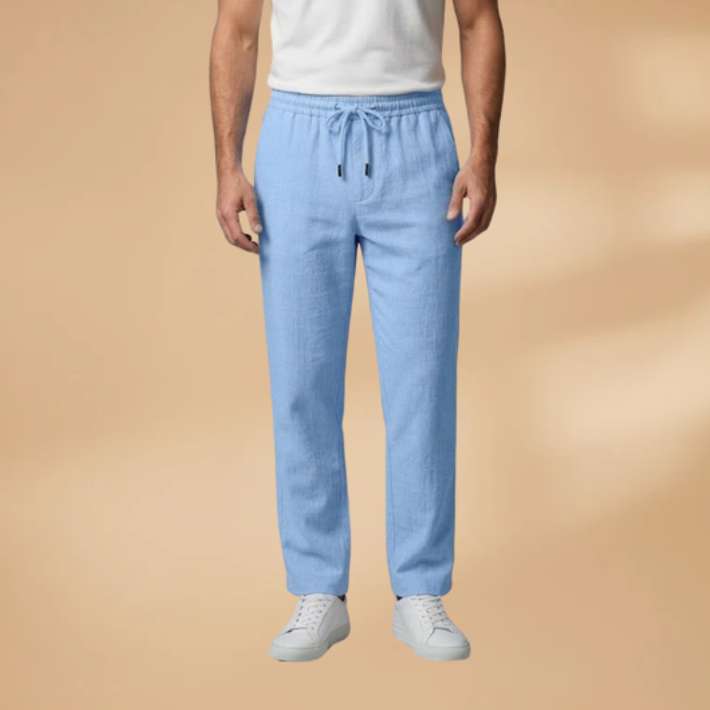 Back view of men's relaxed fit casual trousers with drawstring waist, emphasizing comfortable design.