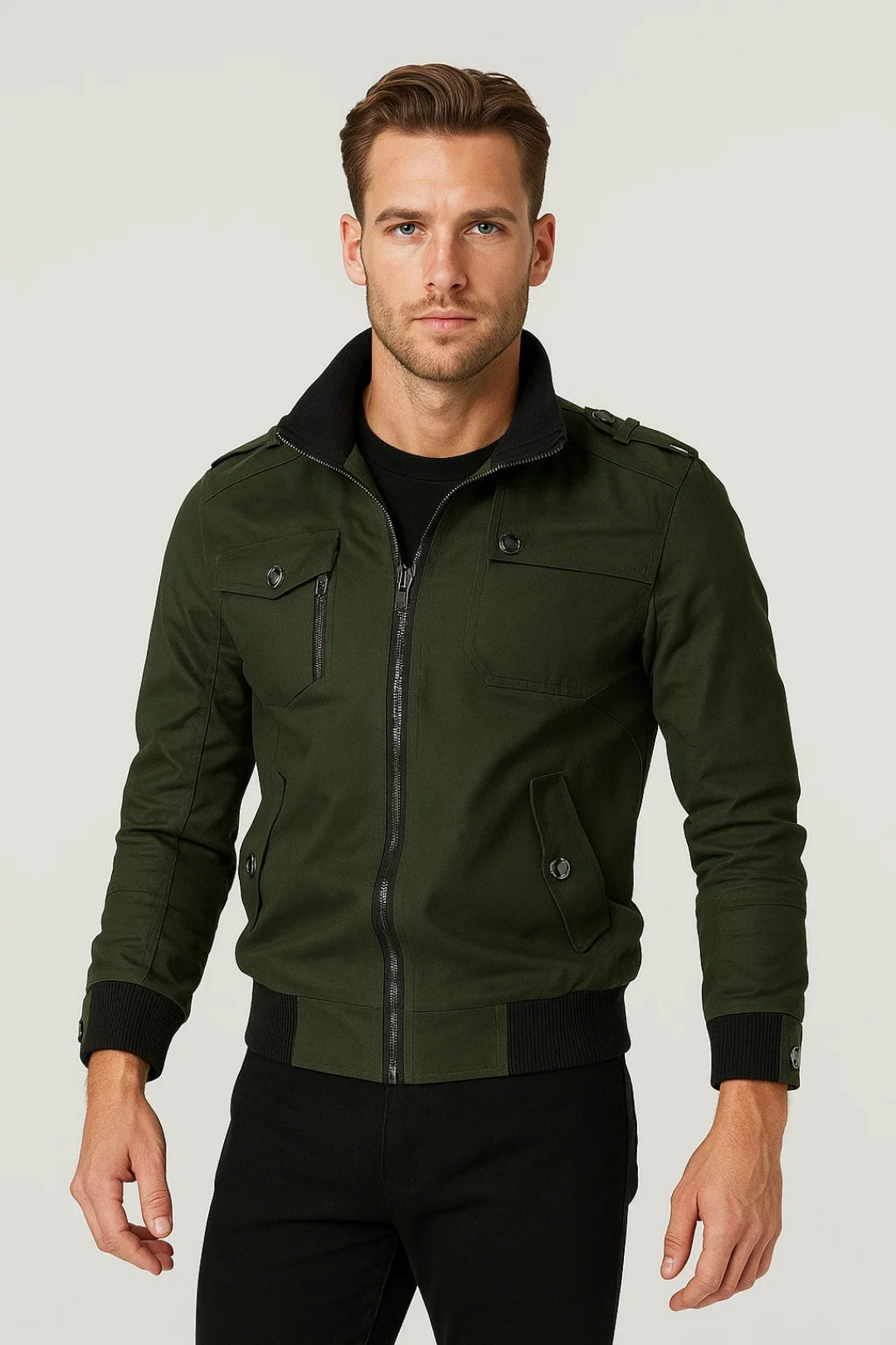 Stylish men's military-inspired zip jacket, modern relaxed fit, perfect casual outerwear for all seasons.