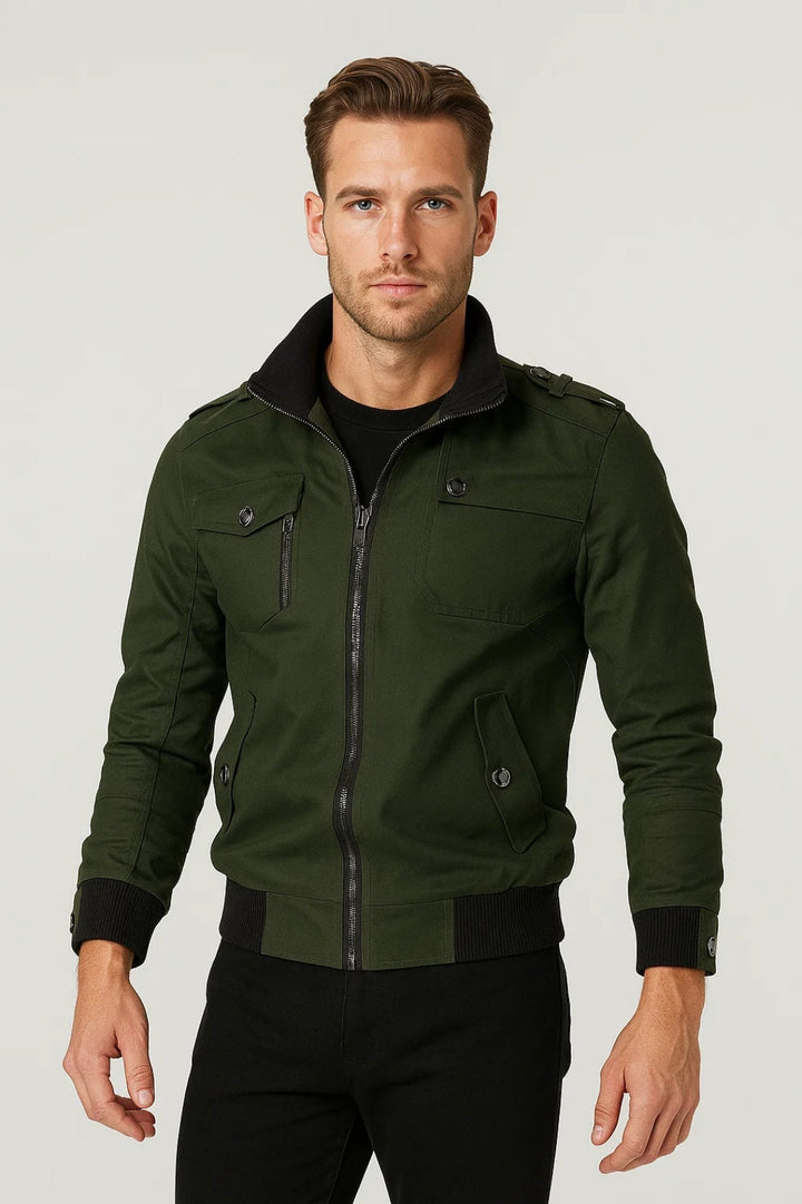 Stylish men's military-inspired zip jacket, modern relaxed fit, perfect casual outerwear for all seasons.