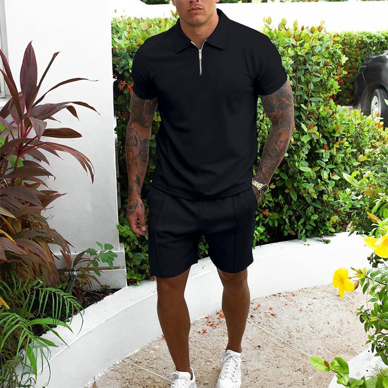 Men's casual zip polo and shorts set for relaxed summer wear. Comfortable two-piece leisure outfit.
