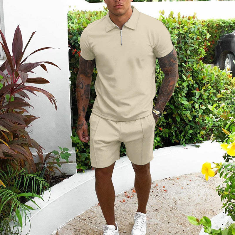 Breathable men's two-piece set: zip-up polo and comfortable shorts. Ideal for holidays & vacation.