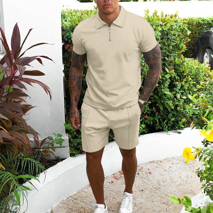 Breathable men's two-piece set: zip-up polo and comfortable shorts. Ideal for holidays & vacation.
