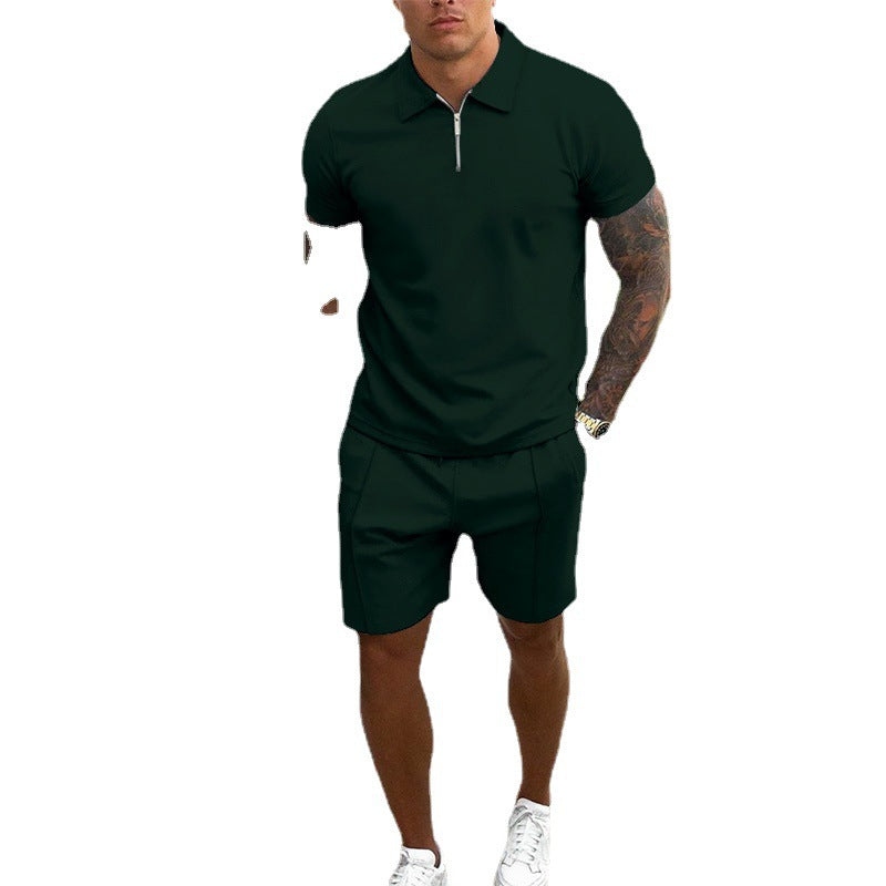 Men's comfortable casual wear set featuring a stylish zip polo shirt and matching drawstring shorts.