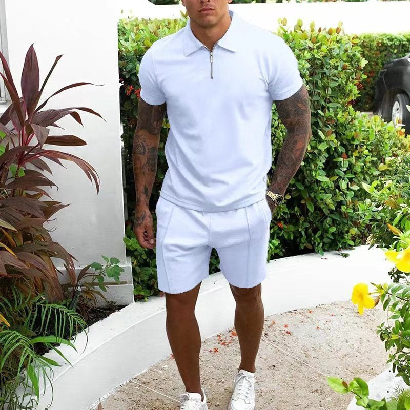 Trendy men's zip polo and shorts combo. A comfortable two-piece outfit for beach, travel, or casual days.