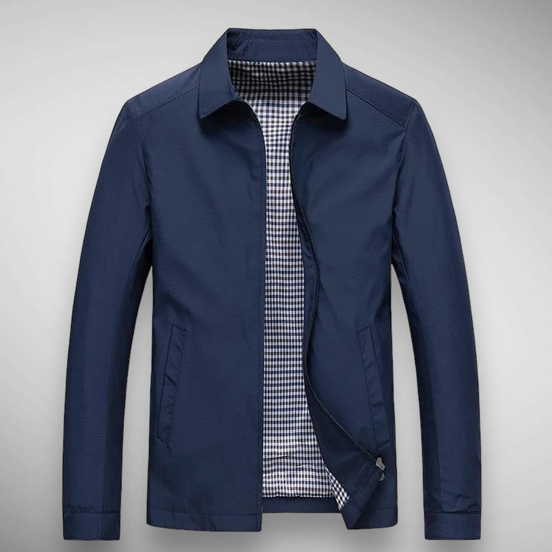 Front view of a men's long-sleeve casual zip-up jacket. Collared design, perfect for versatile everyday wear.