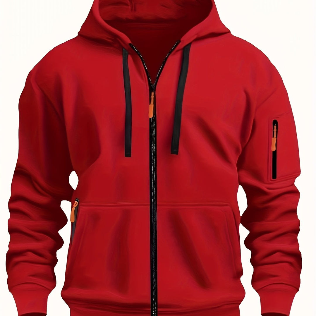 Practical men's full-zip hoodie with hood, ideal for casual outdoor adventures.