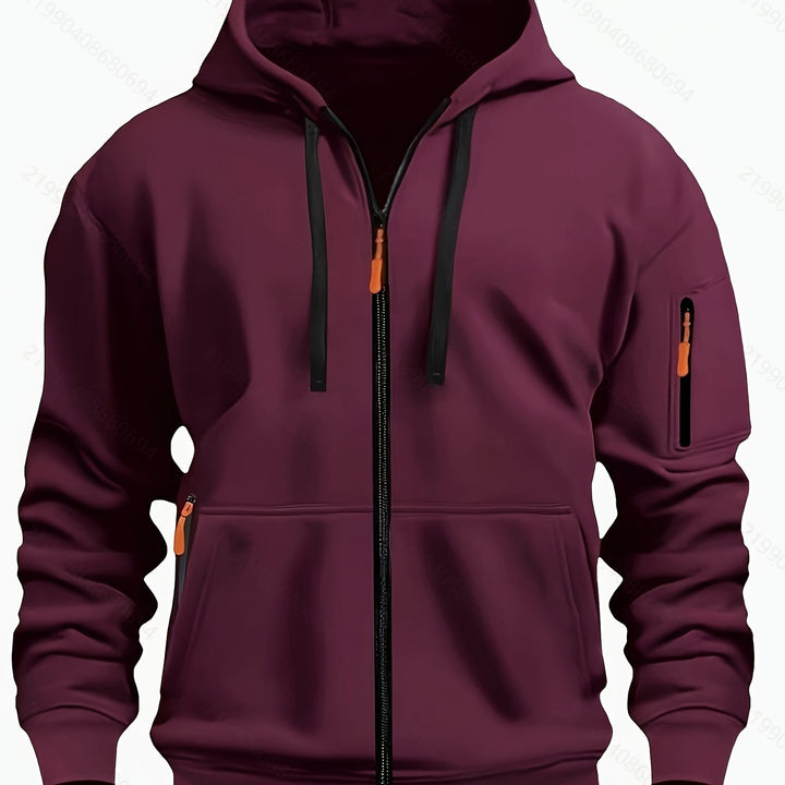 Warm men's casual zip-up sweatshirt, a cozy outerwear option for cool days.