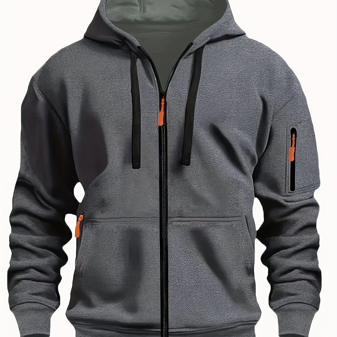 Modern men's zip-up outdoor sweatshirt, combining style with practical comfort.