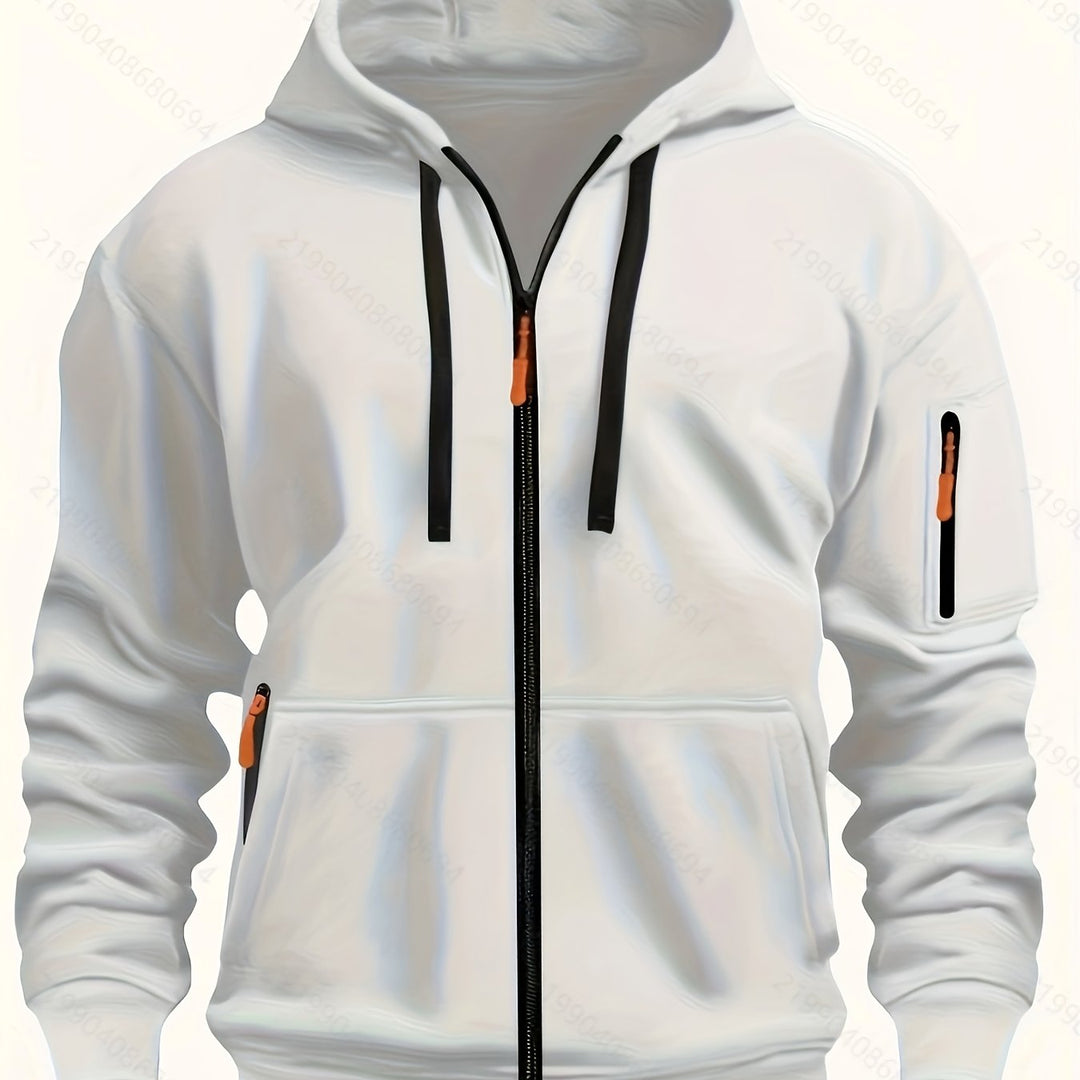 Comfortable men's hooded zip-up, an essential for any casual autumn outfit.