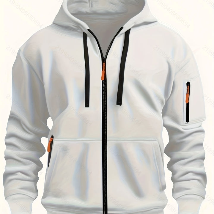 Comfortable men's hooded zip-up, an essential for any casual autumn outfit.