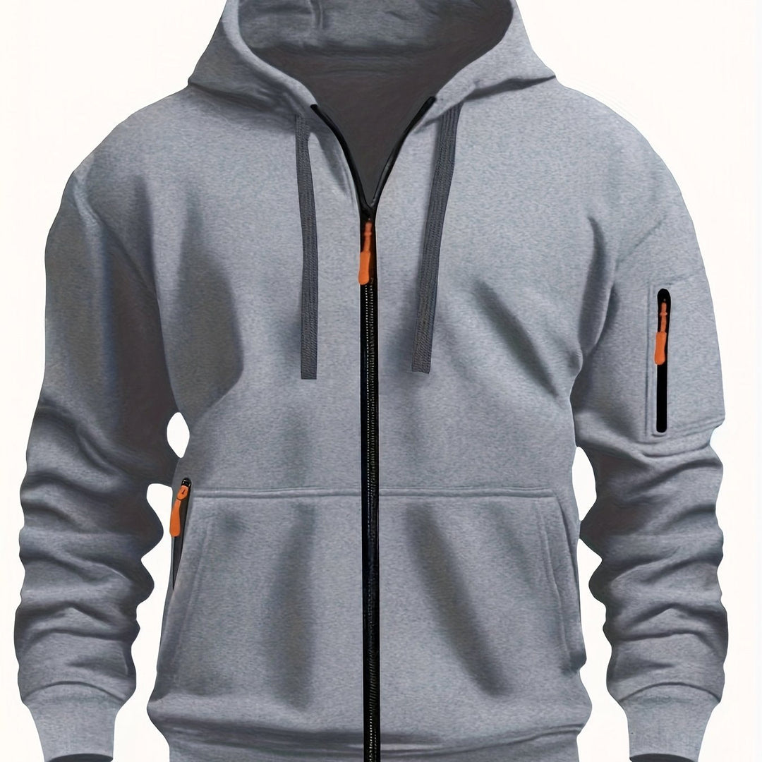 Cozy men's zip-up sweatshirt, an essential piece for winter layering & comfort.
