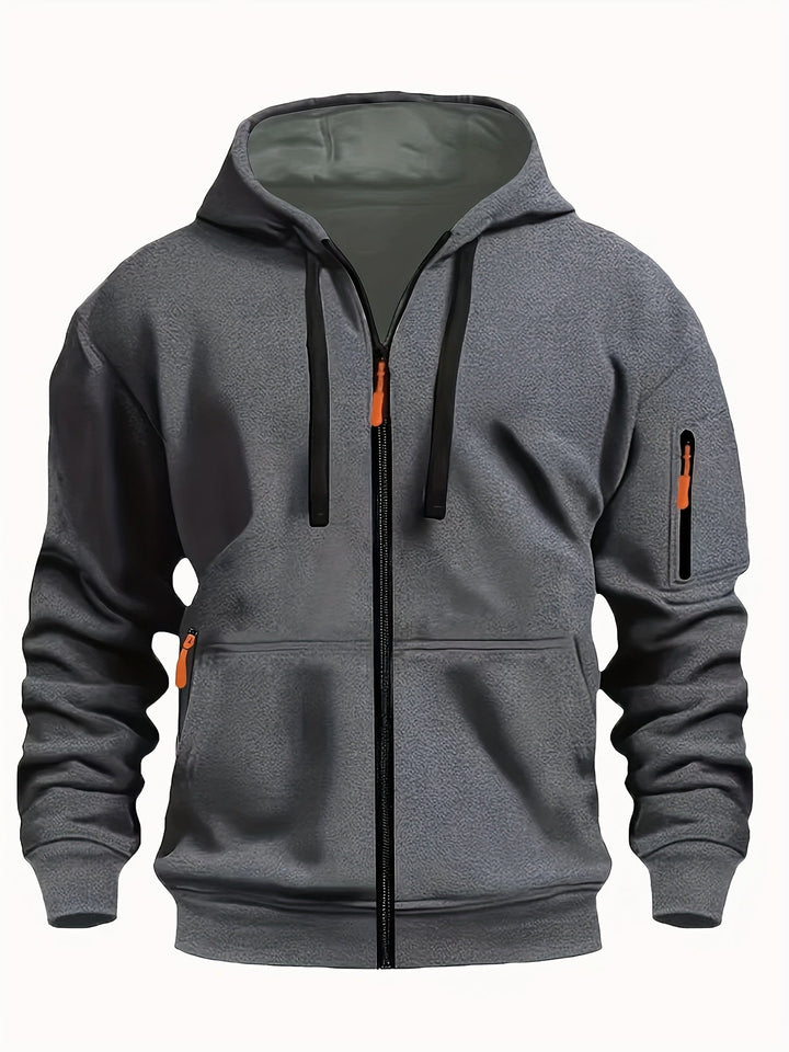 Comfortable men's fleece zip-up hoodie for versatile casual wear and warmth.