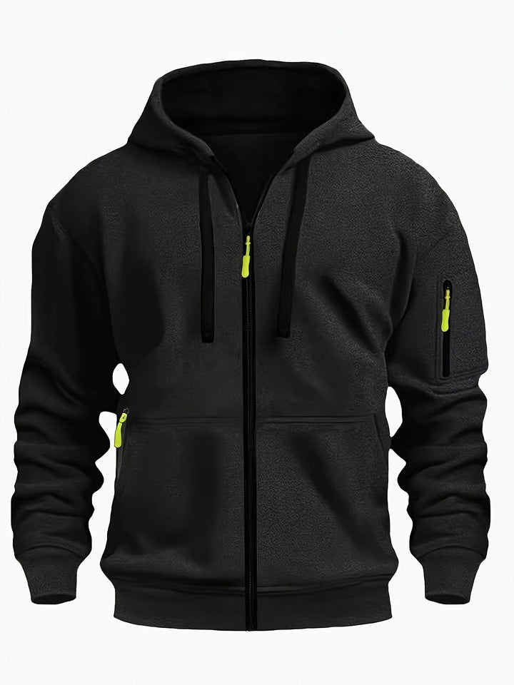 Classic men's zip hoodie, an essential for layered outdoor or everyday style.