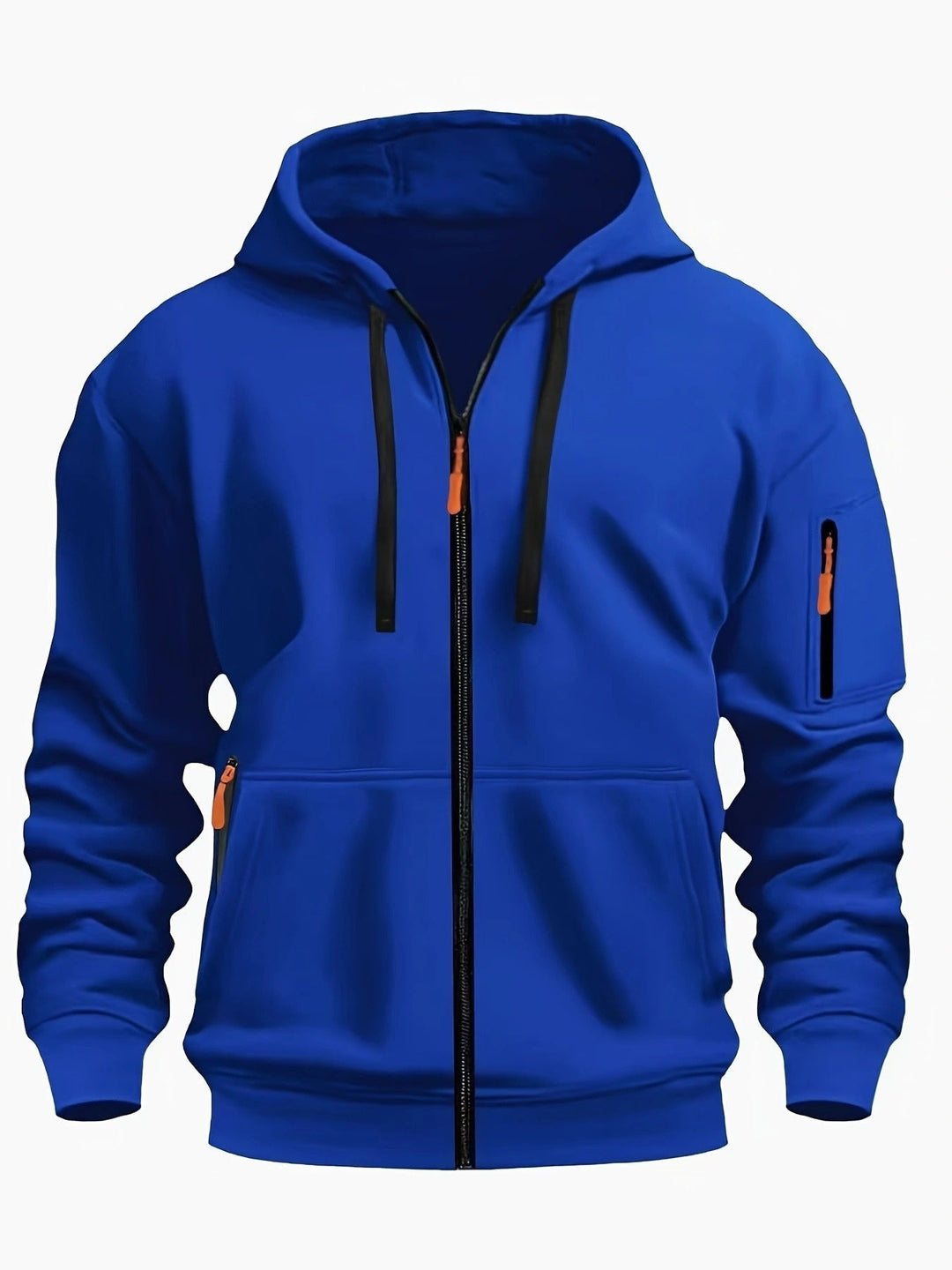 Warm men's hooded sweatshirt with zipper, great for cool weather outerwear.