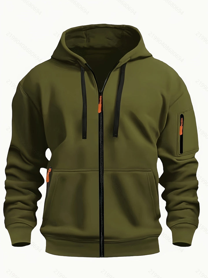 Everyday men's zip-up sweatshirt, offering comfort and practical outdoor fashion.
