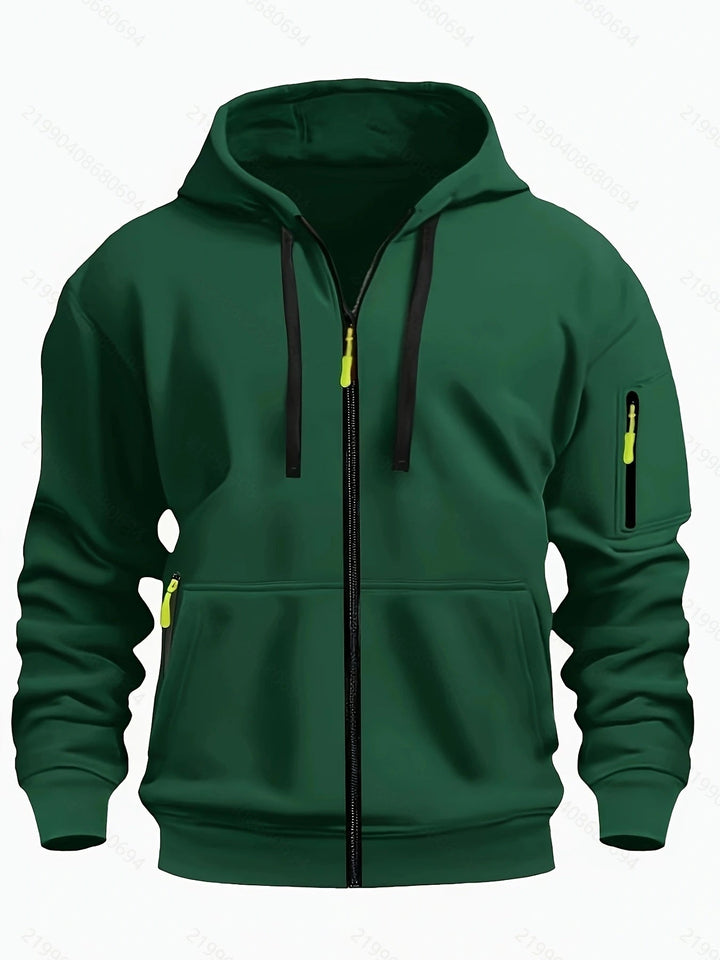 Modern men's full-zip hoodie, a comfortable and stylish addition to any wardrobe.