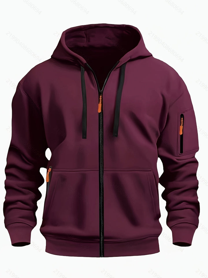 Cozy men's casual zip-up hoodie, excellent for autumn outdoor adventures.