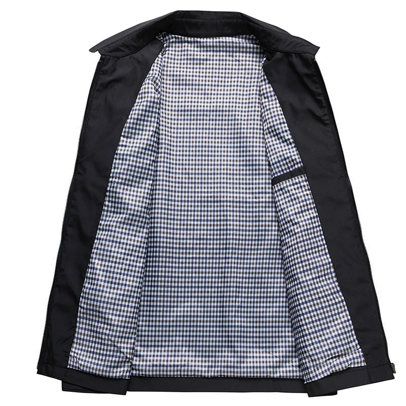 Stylish men's collared zip-up jacket, casual & lightweight. Ideal outerwear for spring & fall regular fit fashion.