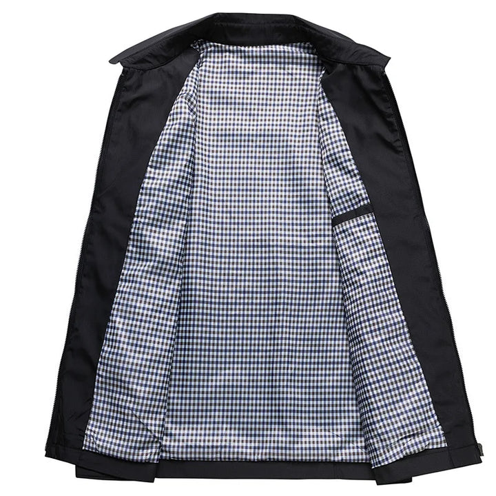 Stylish men's collared zip-up jacket, casual & lightweight. Ideal outerwear for spring & fall regular fit fashion.