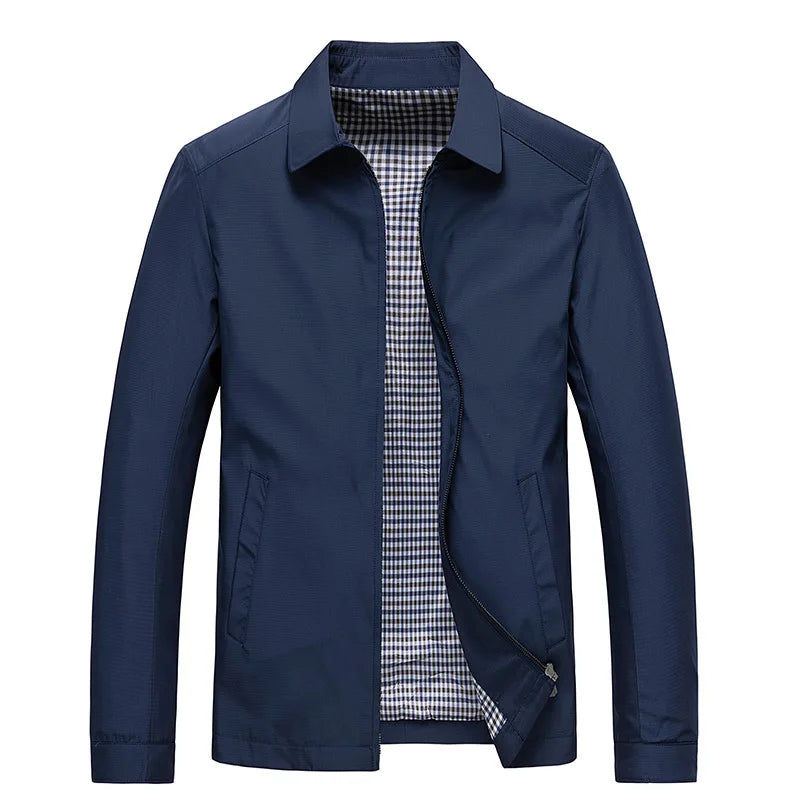 Collared men's lightweight casual jacket, zip-up style. Versatile outerwear for spring & fall men's fashion.