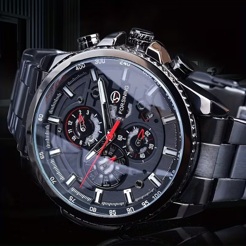 Men's classic automatic mechanical watch with date display, sleek metal design, and adjustable band.