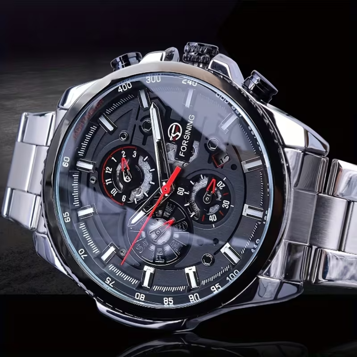 Gentleman's automatic mechanical watch, silver case, black dial, date display. Ideal for formal or everyday wear.
