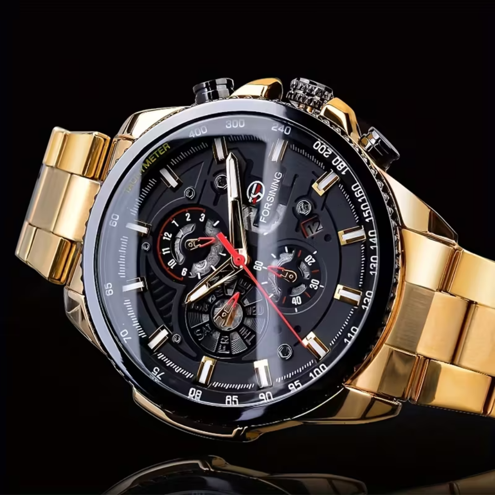 Stylish men's automatic analog watch with date display. Elegant mechanical timepiece, perfect gift for him.