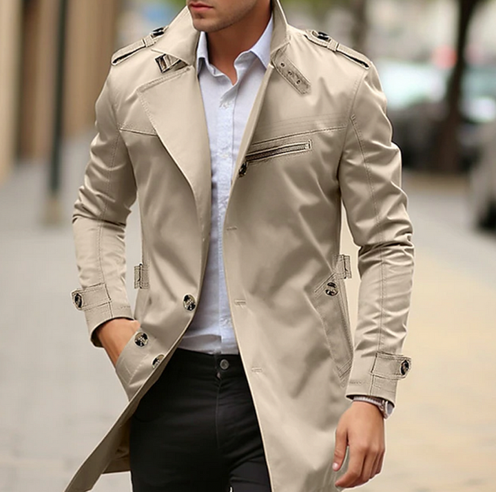 Men's classic beige trench coat, sophisticated tailored long jacket for versatile spring style and fashion.